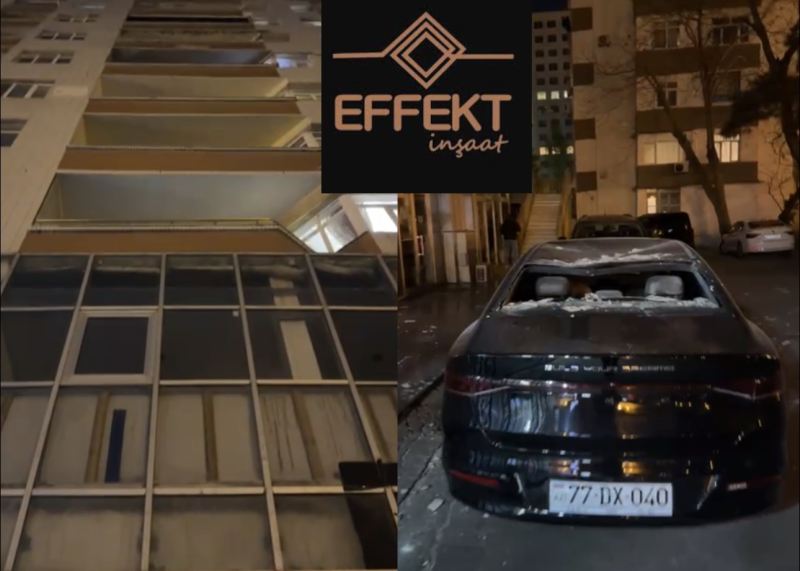 Nərimanovda \"Effekt- İnşaat\"ın binası təhlükə saçır: Avtomobil yararsız hala düşdü - VİDEO