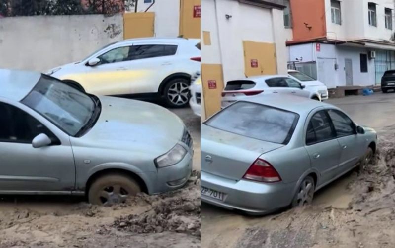 Bakıda binanın həyəti çökdü, maşın çuxura düşdü - Video 